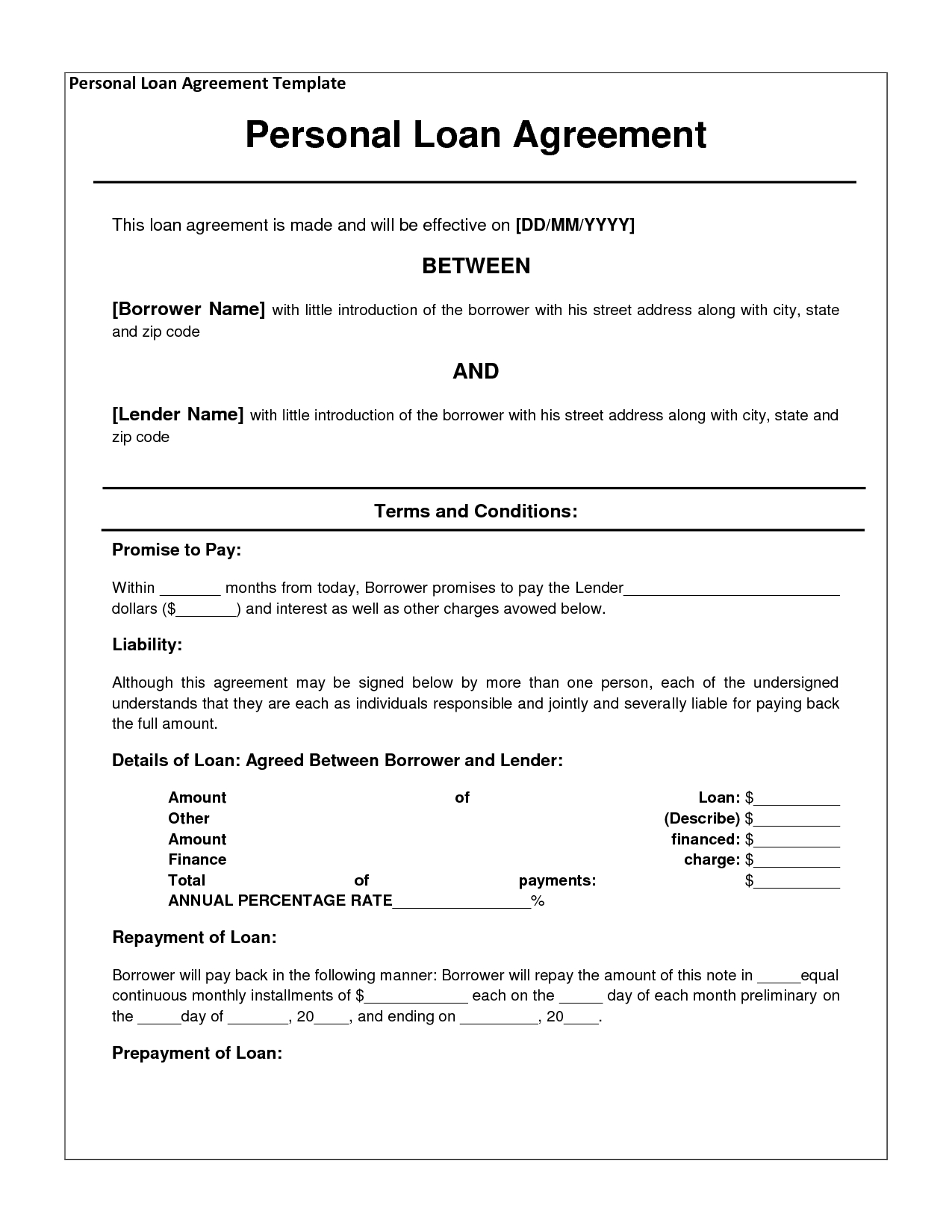 Free Personal Loan Agreement Form Template - $1000 Approved In 2 - Free Printable Loan Forms