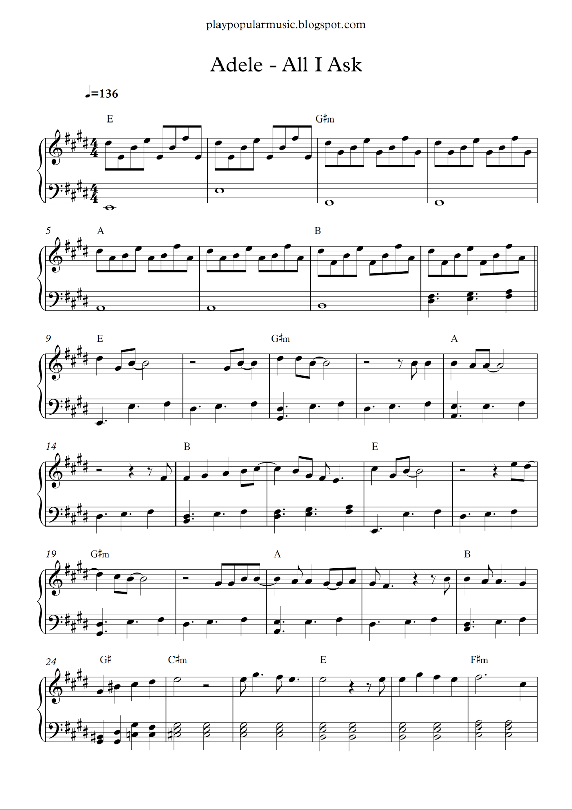 Free Piano Sheet Music: Adele - All I Ask.pdf I Don&amp;#039;t Need Your - All Of Me Easy Piano Sheet Music Free Printable