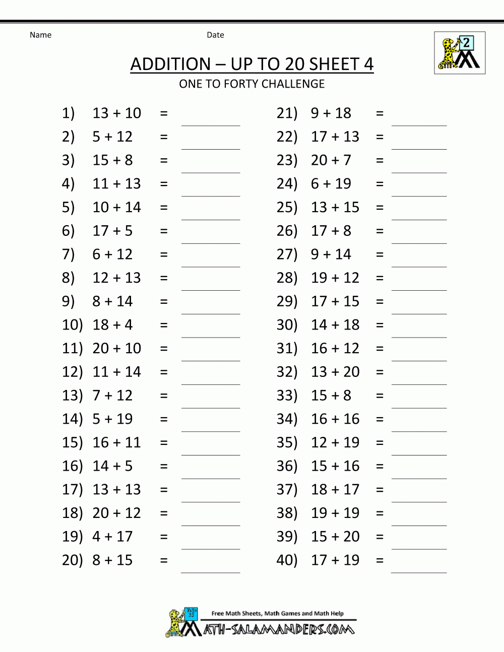 Free Printable Addition Worksheets Mental Addition To 20 4 | Kids - Free Printable Picture Addition Worksheets