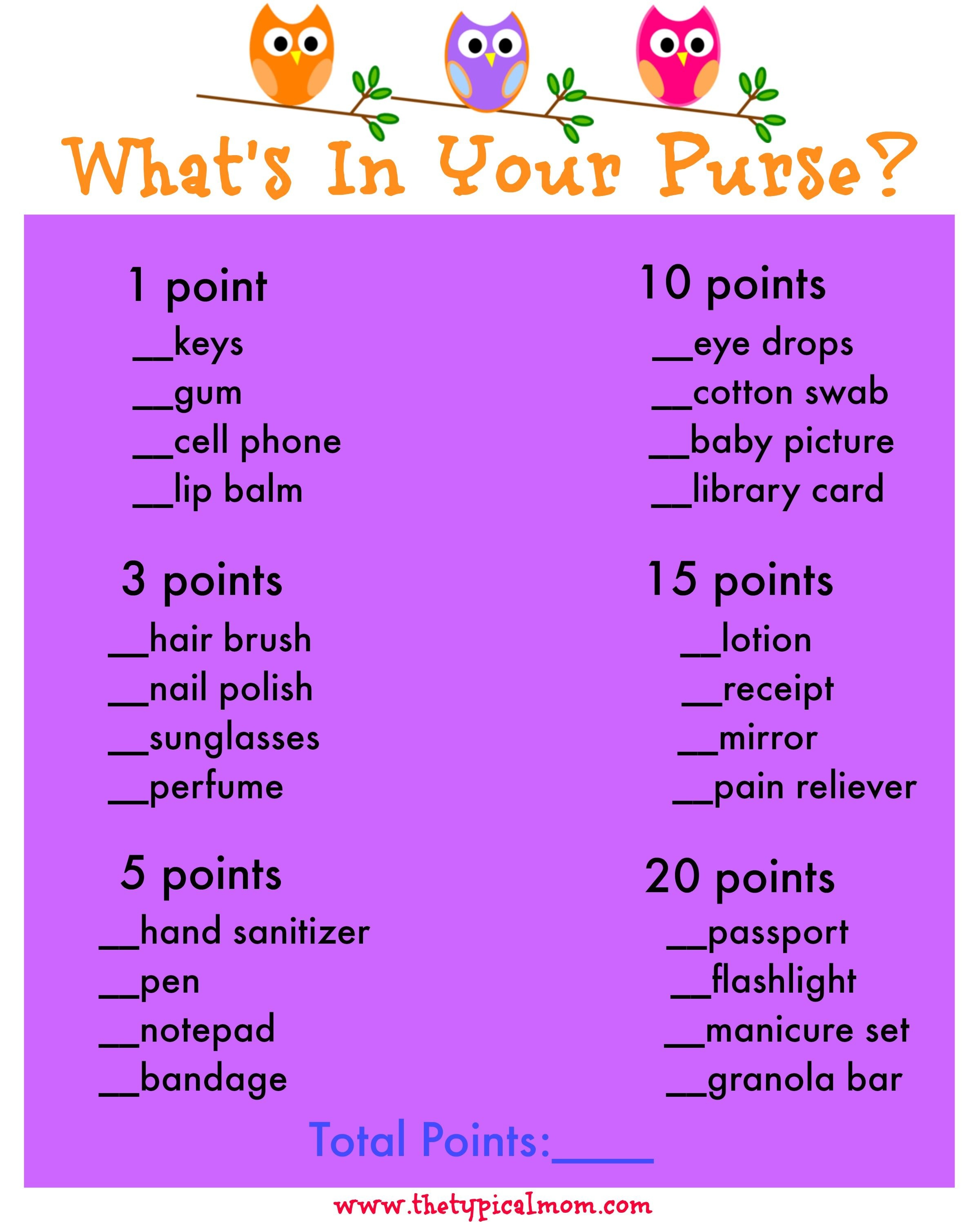 Free Printable Baby Shower Games What s In Your Purse Free Printable