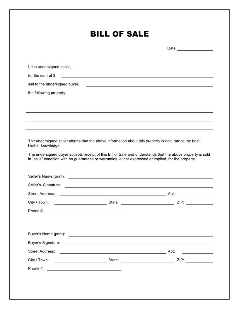 Free Printable Blank Bill Of Sale Form Template - As Is Bill Of Sale - Free Printable Generic Bill Of Sale