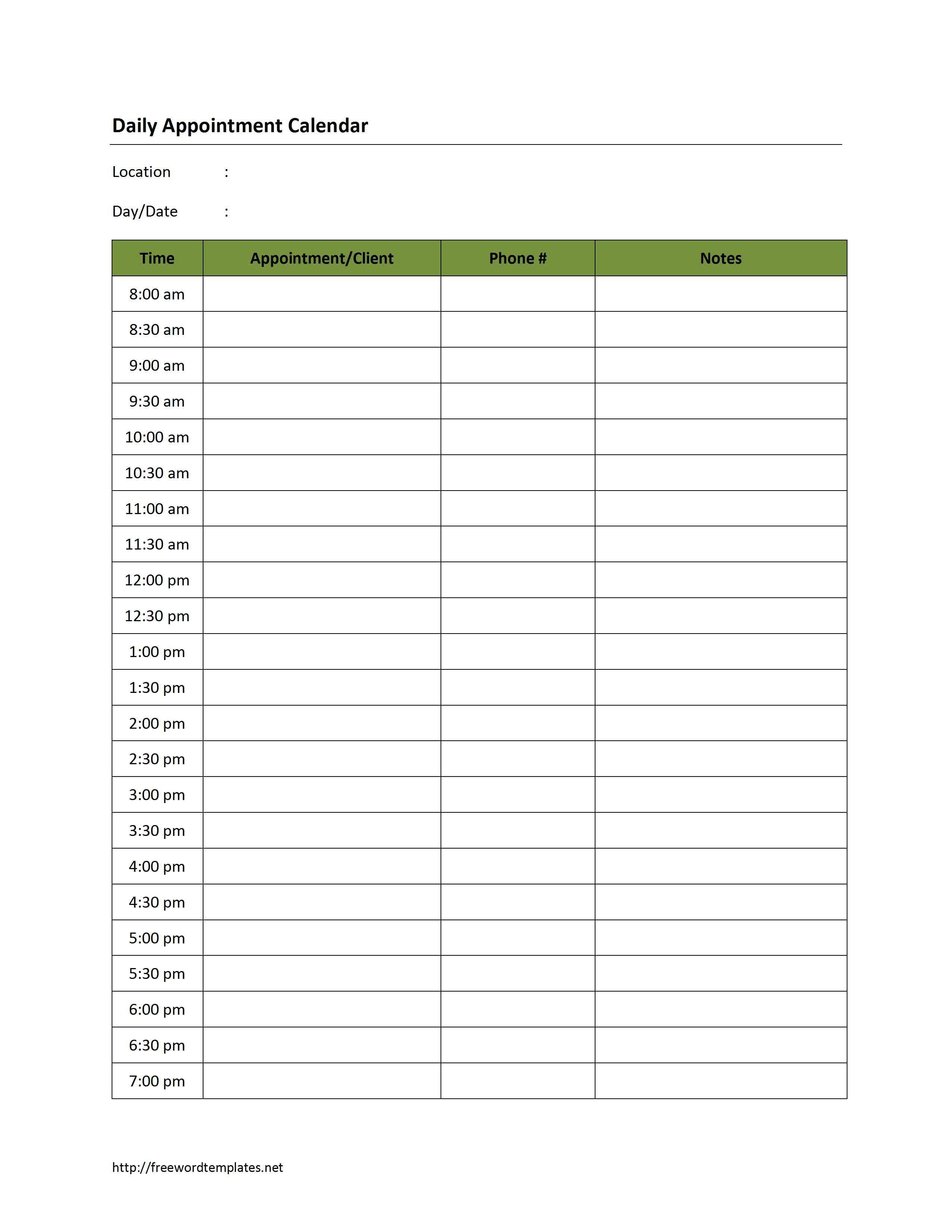 Free Printable Blank Daily Calendar | 181D Daily Appointment - Time Management Forms Free Printable