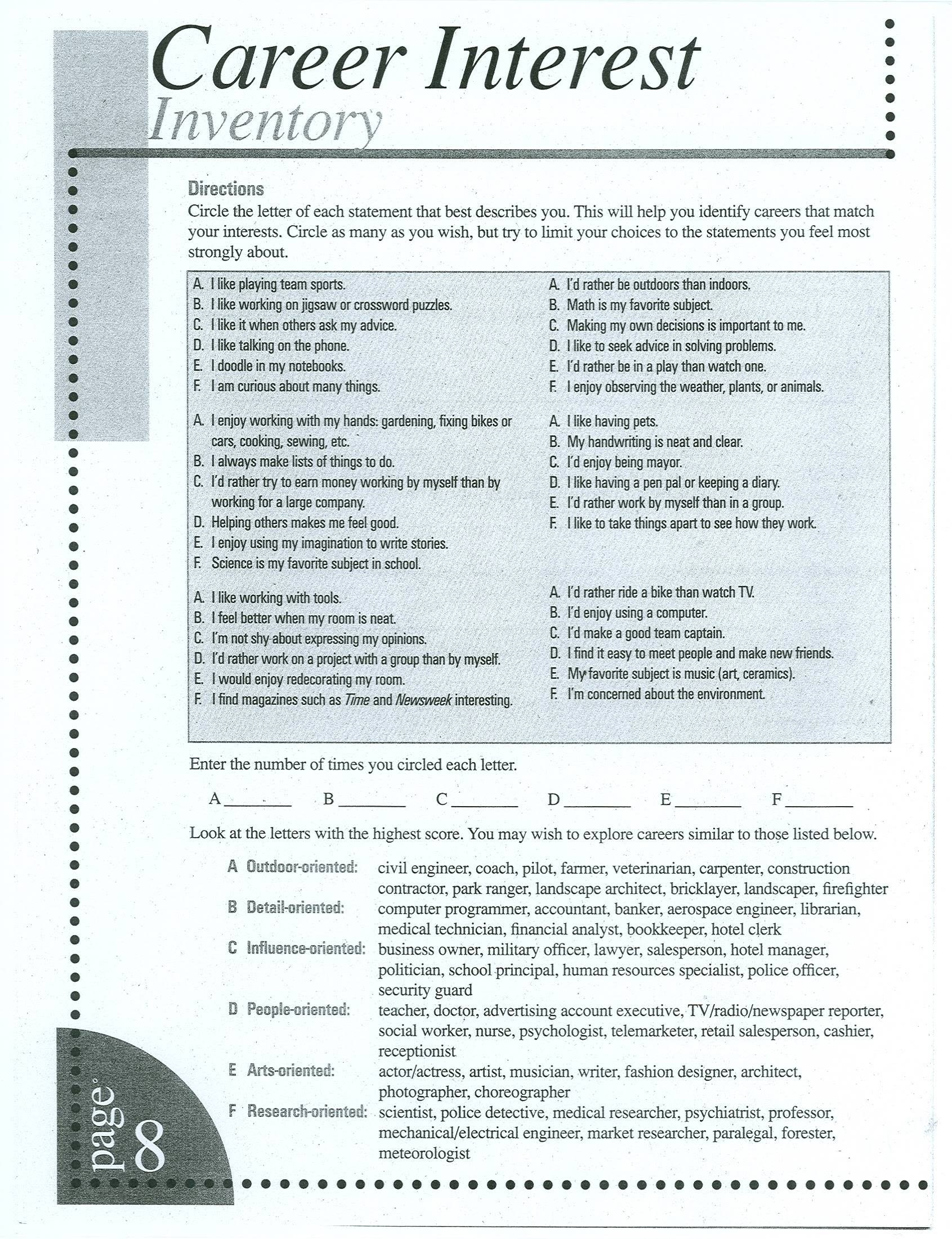 Free Printable Career Test For High School Students – Orek - Free Strong Interest Inventory Test Printable