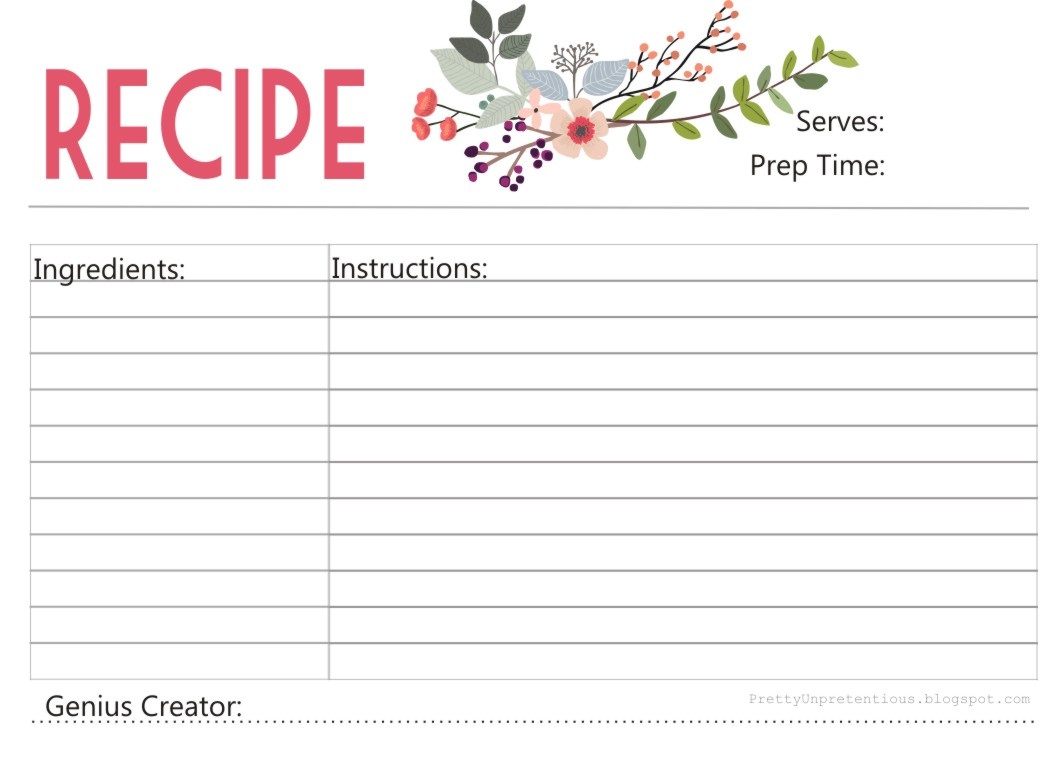 Free Printable : Floral Recipe Card - Free Printable Photo Cards 4X6