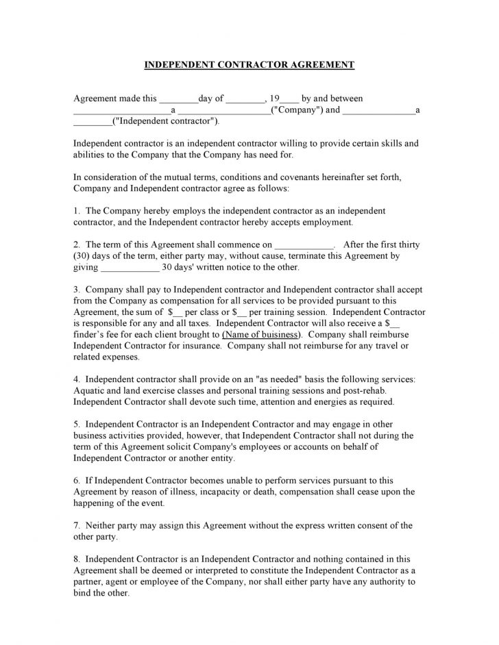 Free Printable Independent Contractor Agreement