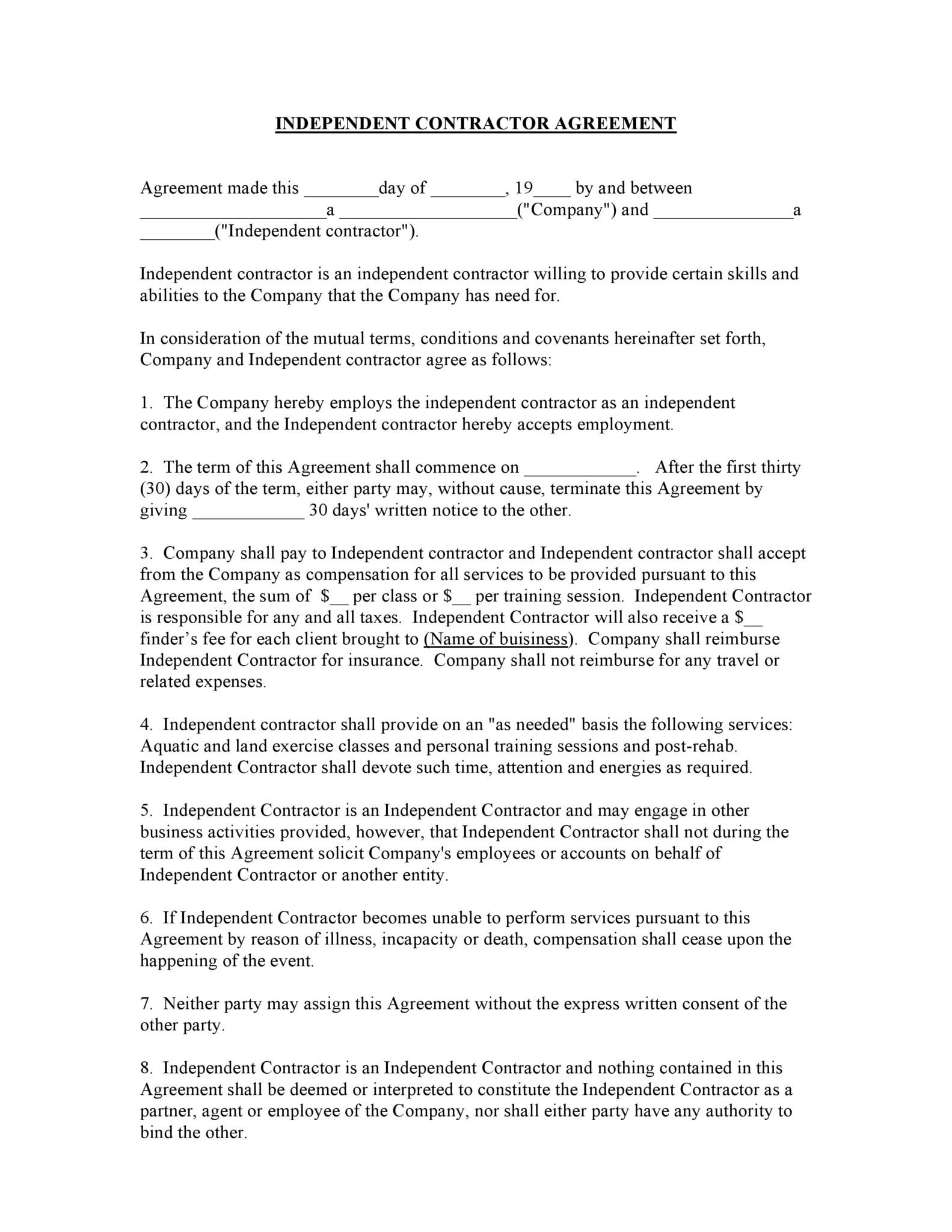 Free Printable Independent Contractor Agreement - Printable Agreements - Free Printable Independent Contractor Agreement