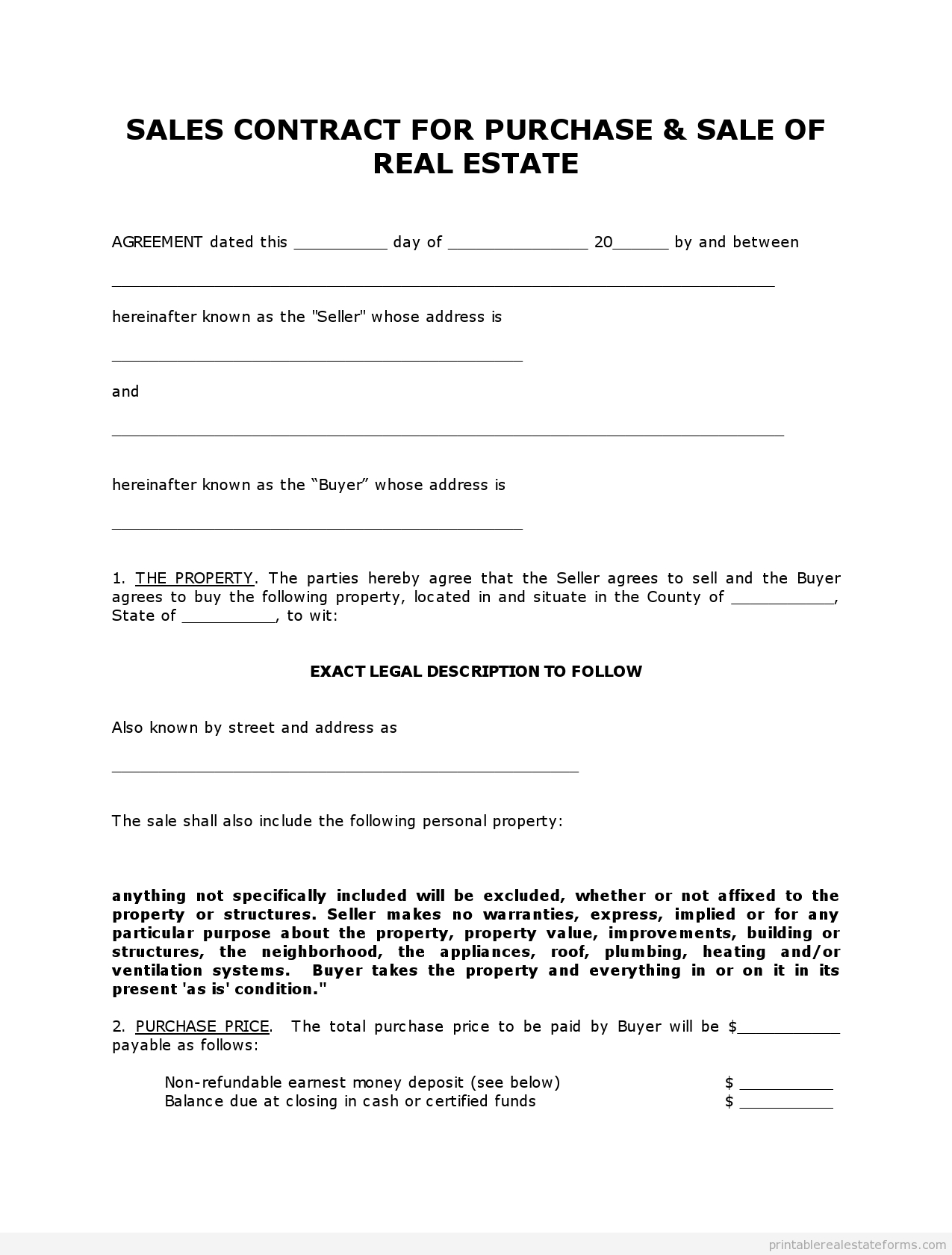 Free Printable Land Contract Forms (Word File) - Free Printable Real Estate Purchase Agreement Pdf