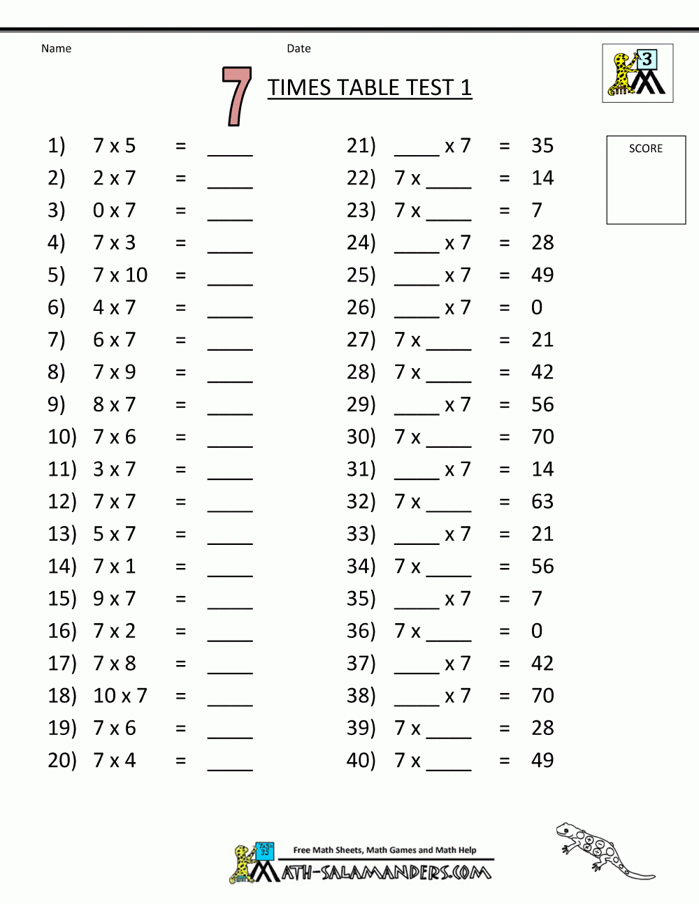 Free Printable Math Sheets 7 Times Table Test 1 | Korrutustabel - Free Printable Worksheets For 3Rd Grade