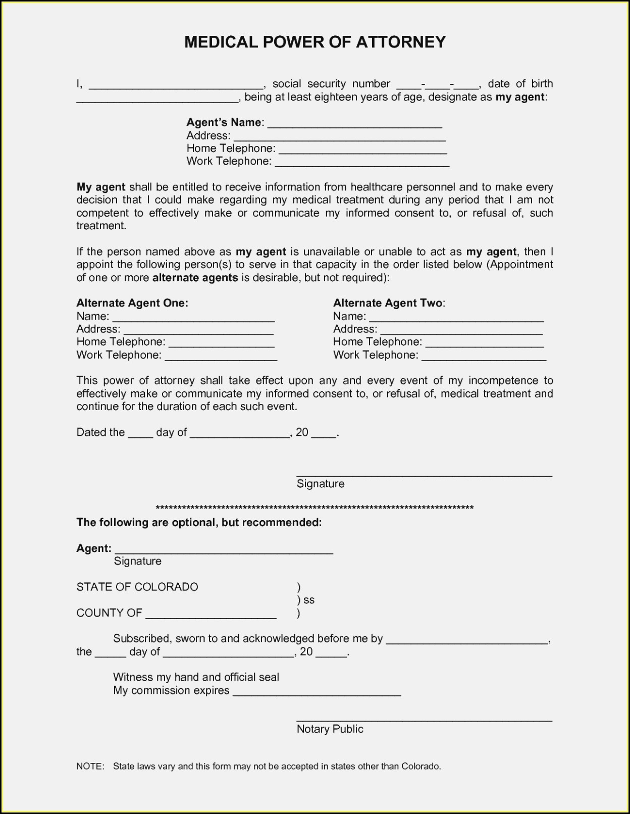 Blank Printable Medical Power Of Attorney Forms 1098