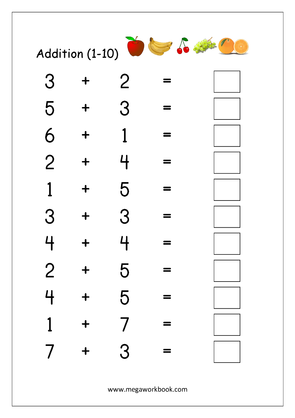 Free Printable Number Addition Worksheets (1-10) For Kindergarten - Free Printable Math Practice Sheets