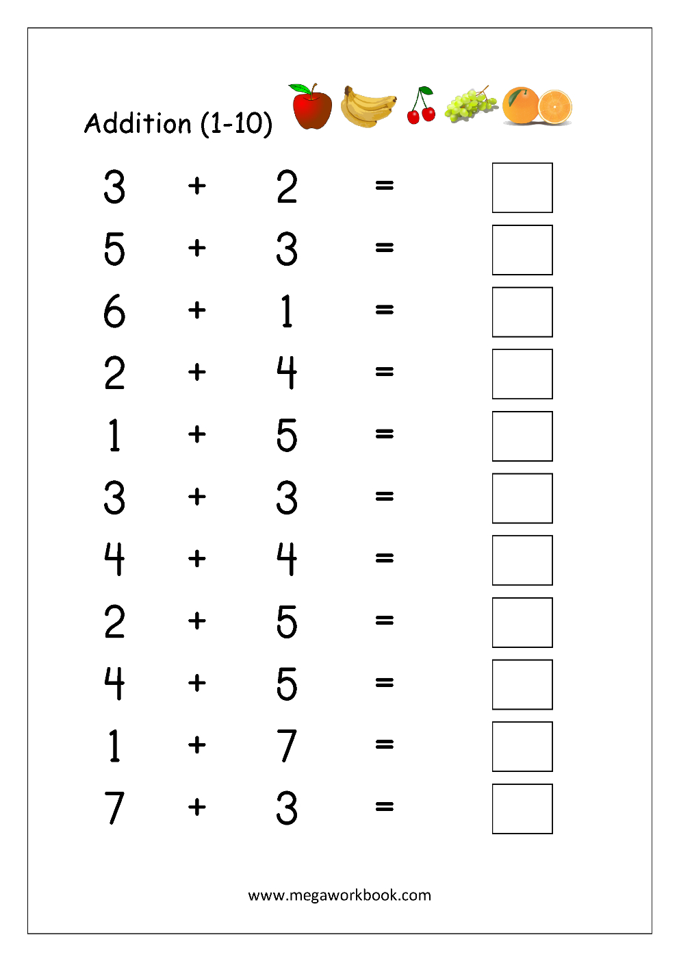 Free Printable Number Addition Worksheets 1 10 For Kindergarten 