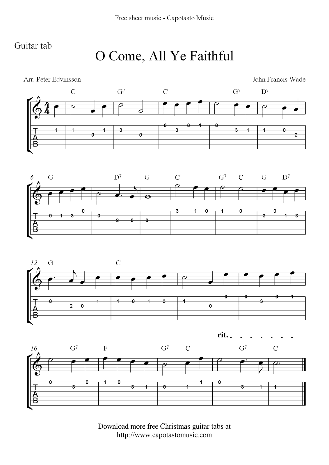 Free Printable Sheet Music: O Come, All Ye Faithful, Easy Free - Free Printable Guitar Music