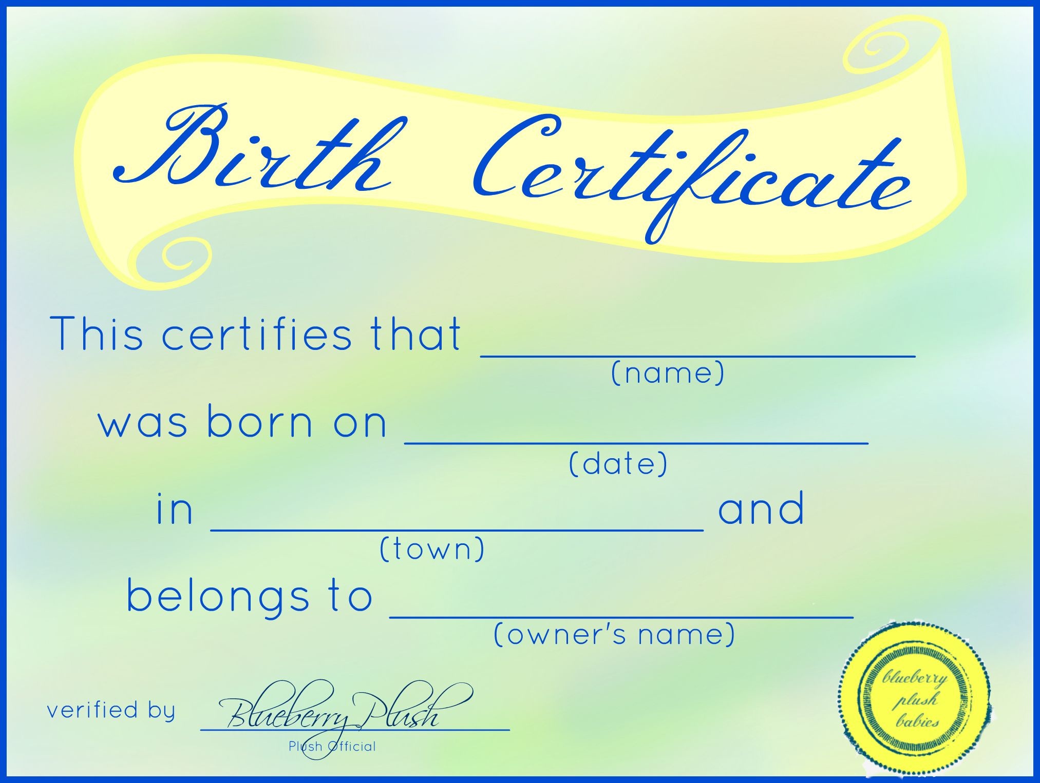 Free Printable Stuffed Animal Birth Certificates – Blueberry Plush - Fake Adoption Certificate Free Printable