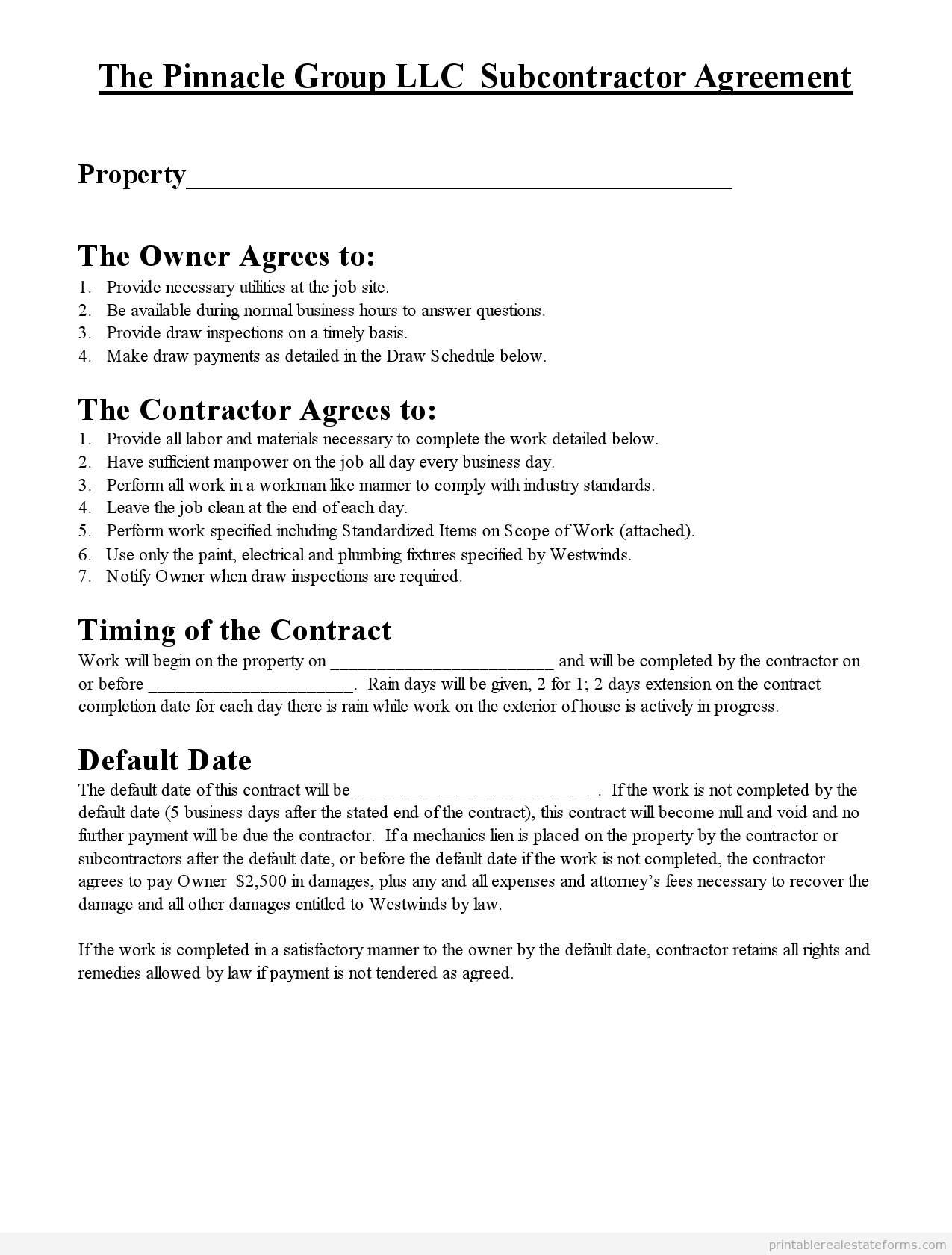 Free Printable Subcontractor Agreement Free Printable