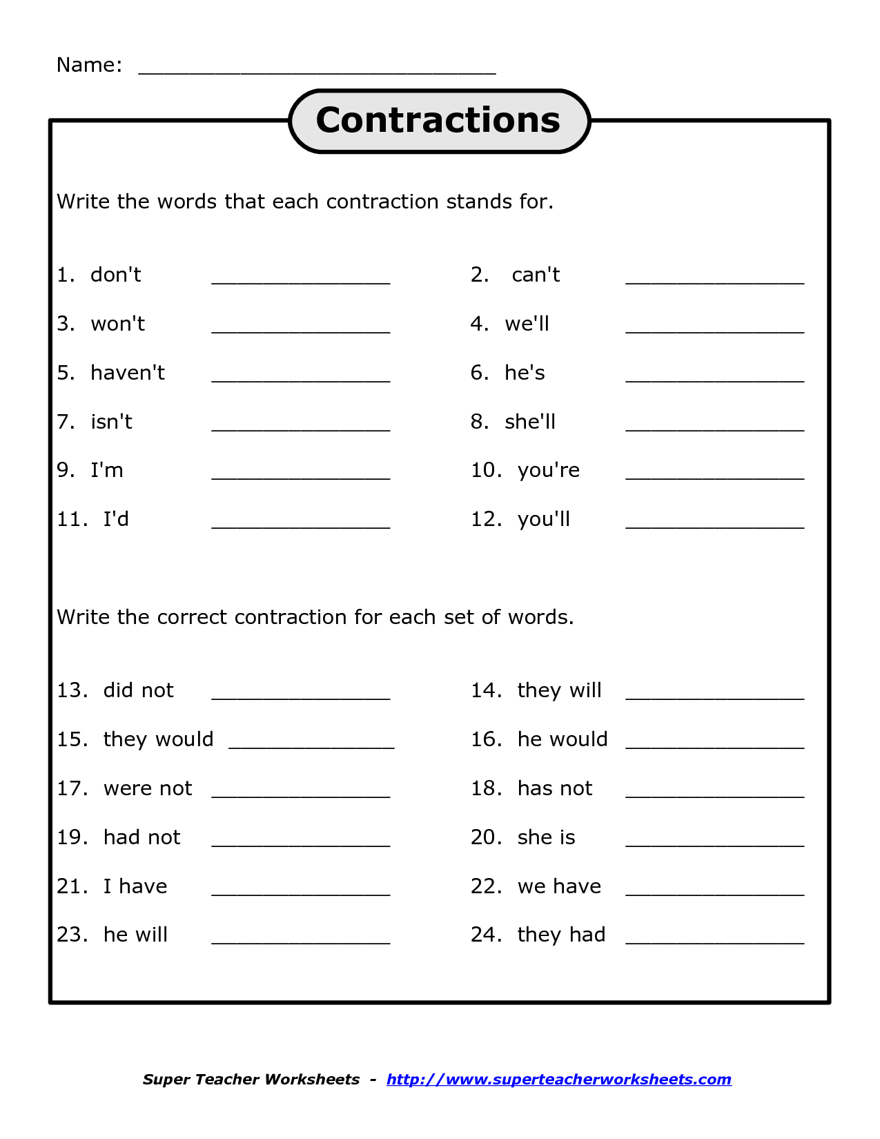 Free Printables For 4Th Grade Science | Free Printable Contraction - Free Printable Third Grade Grammar Worksheets