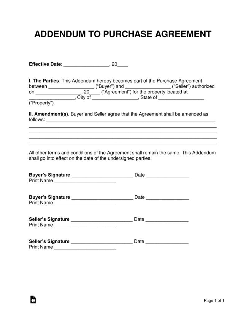 Free Purchase Agreement Addendums &amp;amp; Disclosures - Word | Pdf - Free Printable Real Estate Purchase Agreement Pdf