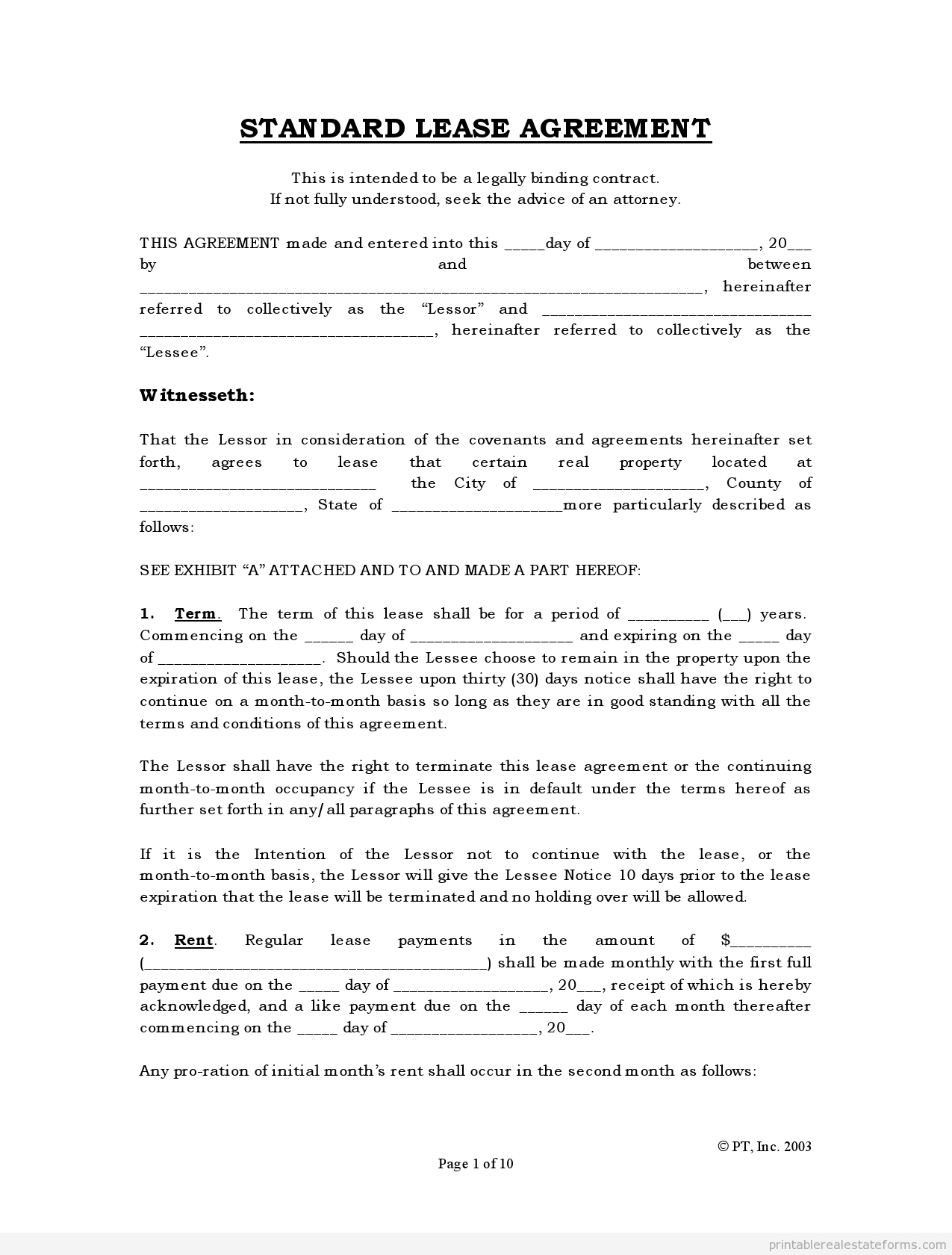 Free Rental Agreements To Print | Free Standard Lease Agreement Form - Free Printable Lease Agreement Forms