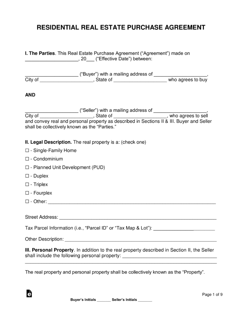 Free Residential Real Estate Purchase Agreements - Word | Pdf - Free Printable Real Estate Purchase Agreement Pdf