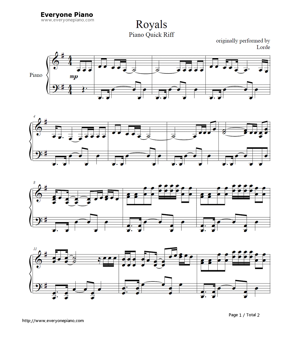 Free Royals (Lorde) Piano Sheet Music. | Flutey | Pop Piano Sheet - Piano Sheet Music For Beginners Popular Songs Free Printable