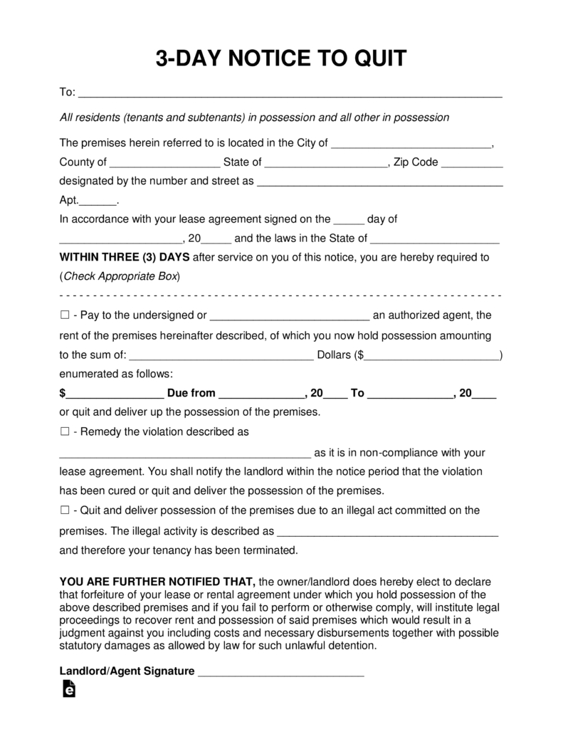 Free Three (3) Day Eviction Notice To Pay Or Quit - Pdf | Word - Free Printable 3 Day Eviction Notice