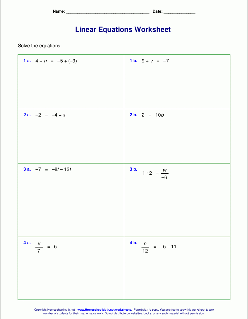 Free Worksheets For Linear Equations (Grades 6-9, Pre-Algebra - Free Printable Algebra Worksheets With Answers