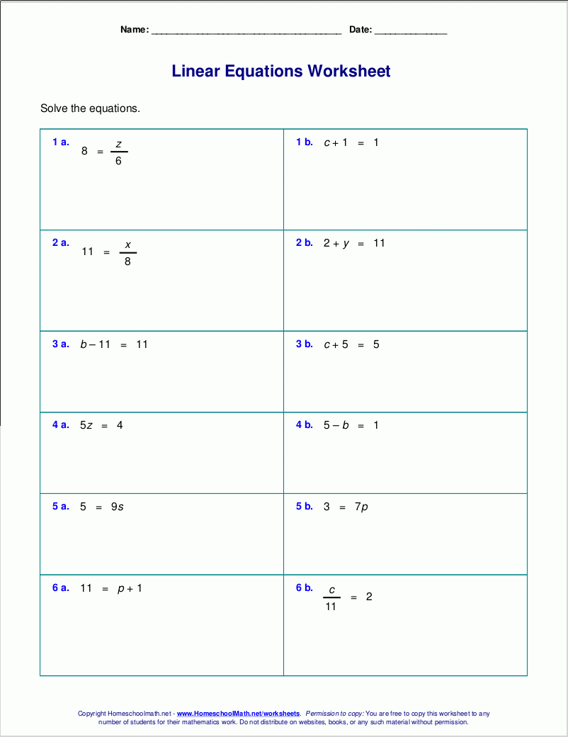 Free Worksheets For Linear Equations (Grades 6-9, Pre-Algebra - Free Printable Algebra Worksheets With Answers