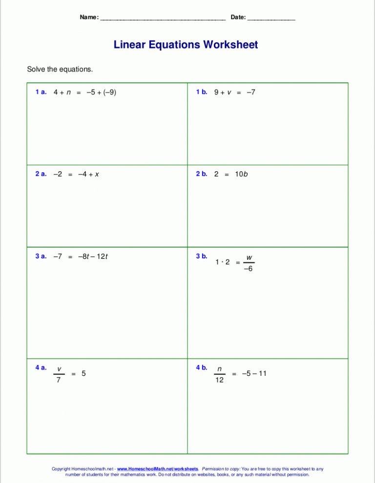 free worksheets for linear equations grades 6 9 pre algebra free