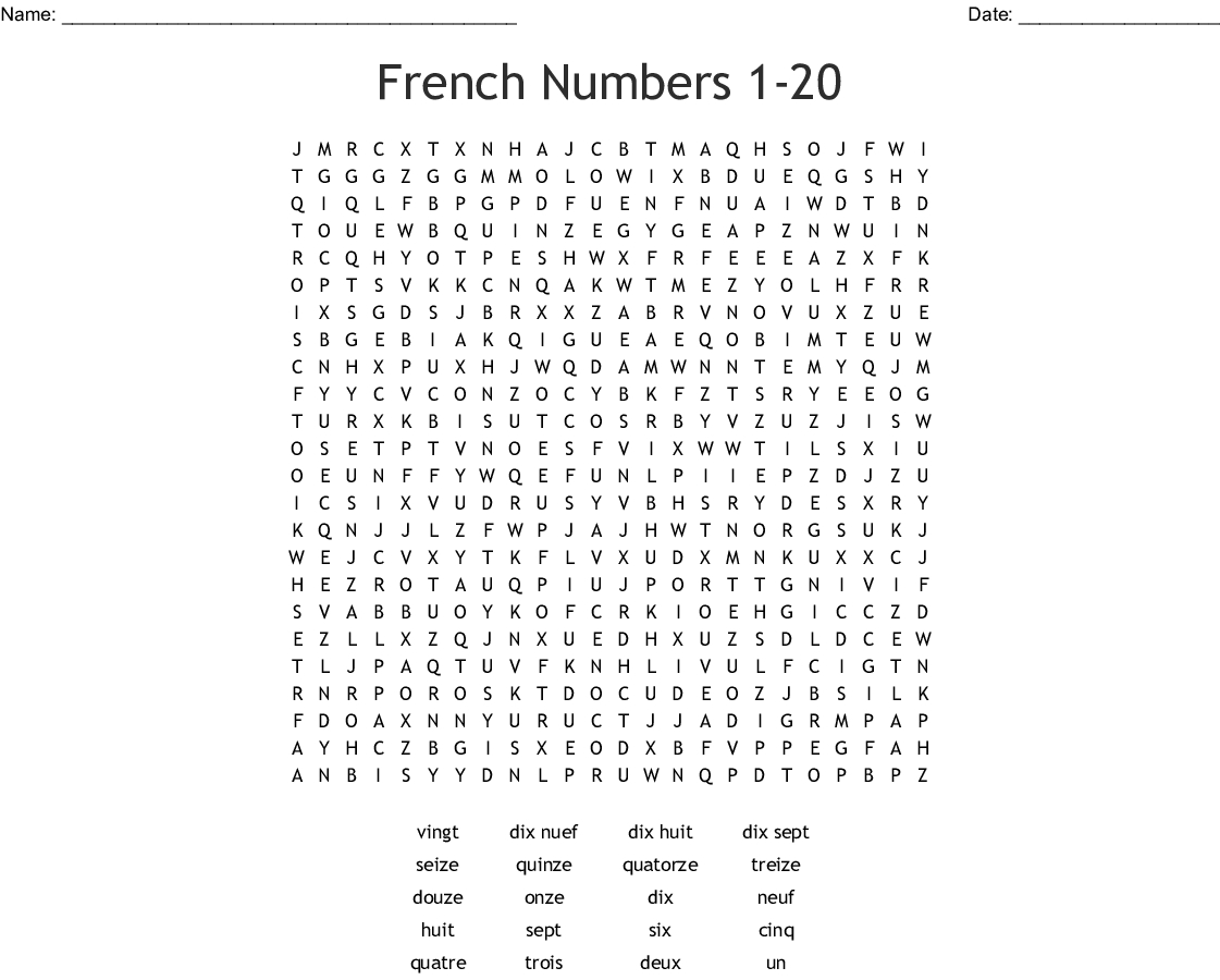 French Numbers 1-20 Word Search - Wordmint - French Word Searches Free Printable