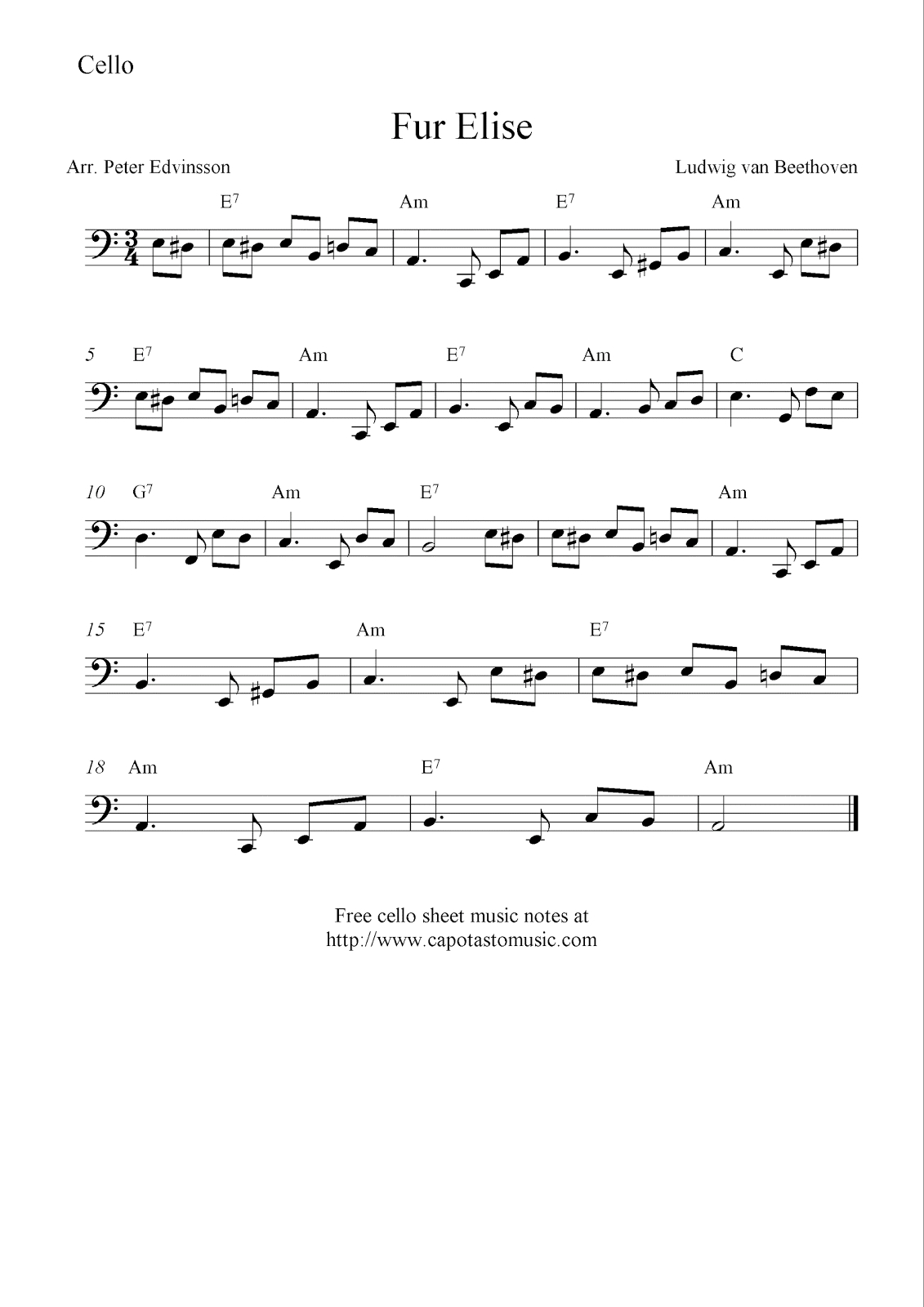 Fur Elise, Free Cello Sheet Music Notes - Free Printable Piano Sheet Music Fur Elise