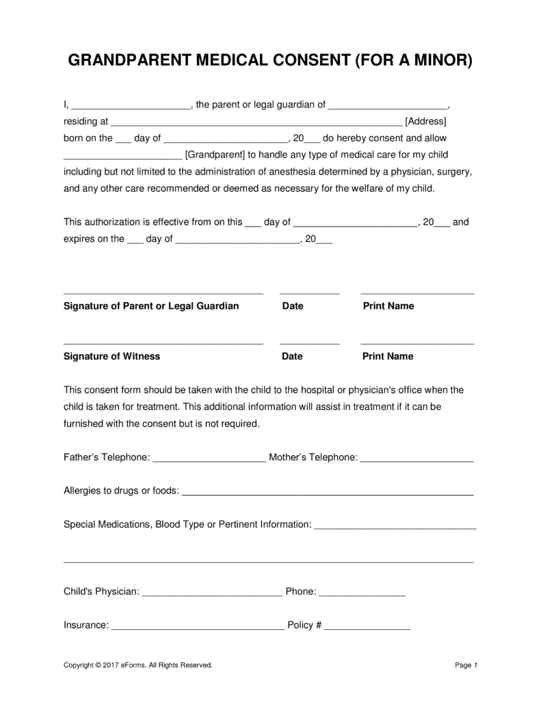 Grandparents&amp;#039; Medical Consent Form – Minor (Child) | Eforms – Free - Free Printable Child Medical Consent Form