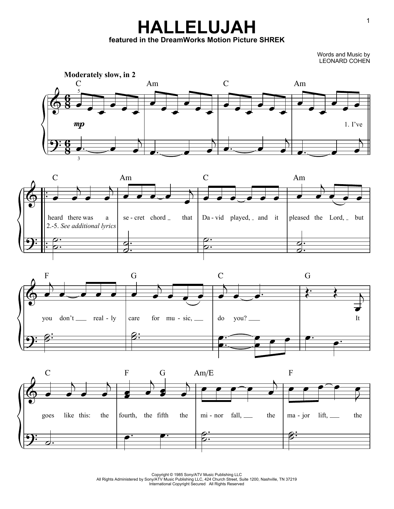 Hallelujahleonard Cohen Very Easy Piano Digital Sheet Music In - Hallelujah Sheet Music Piano Free Printable