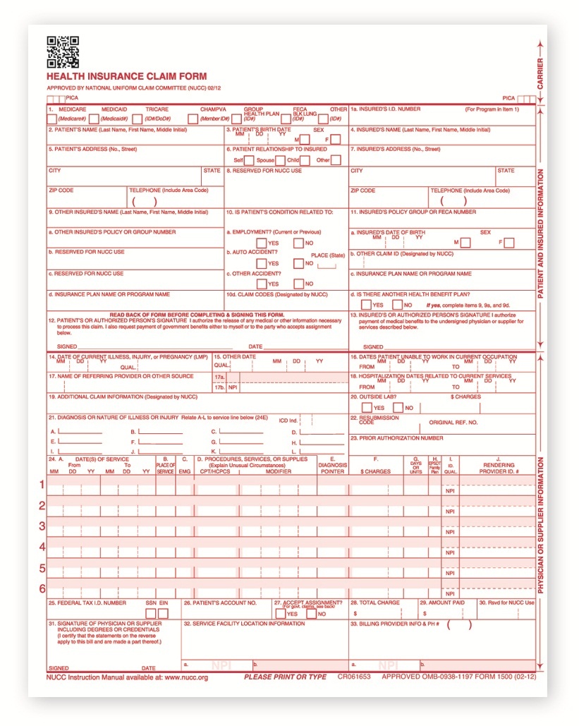 Hcfa Forms, Cms - 1500 Medical Forms, Health Insurance Claim Forms - Free Printable Cms 1500 Form 02 12