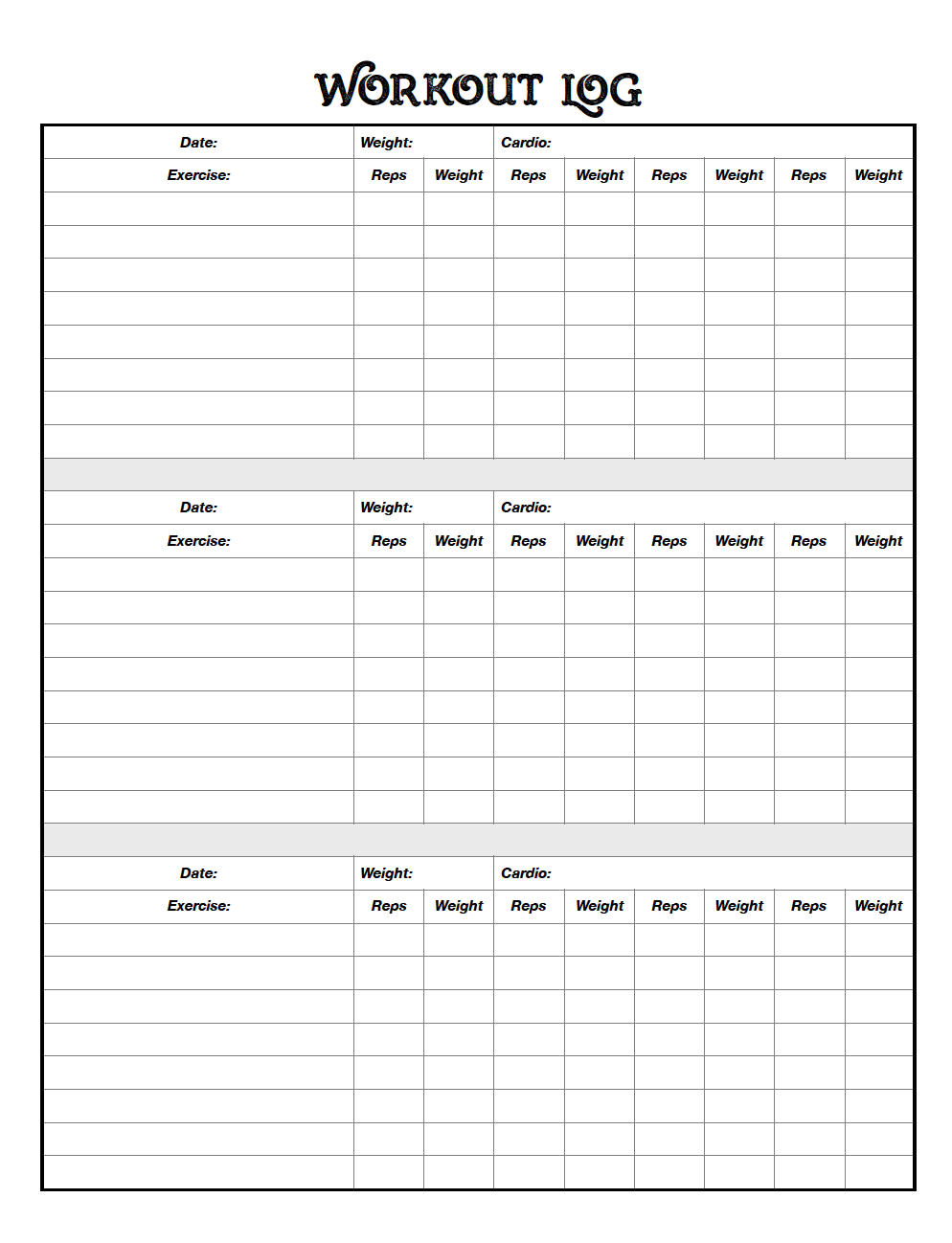 Health, Food, &amp;amp; Exercise Printables - Free Printable Workout Log Sheets