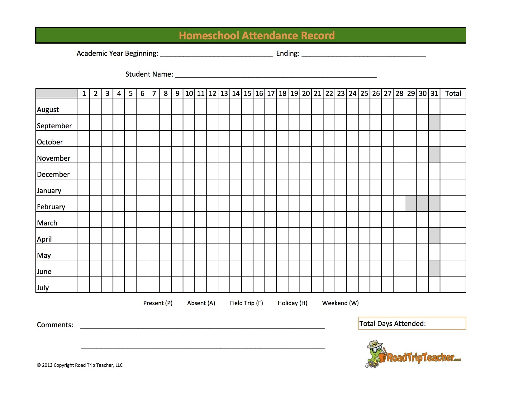 Free Printable Homeschool Attendance Sheet Printable Templates
