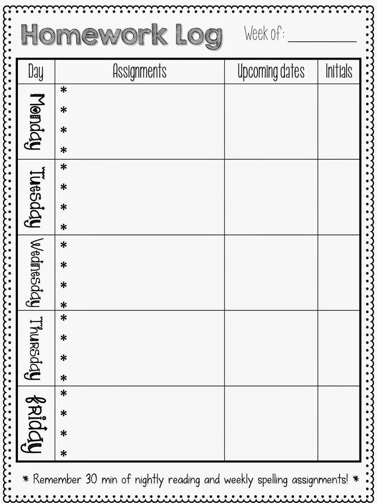 homework log sheets