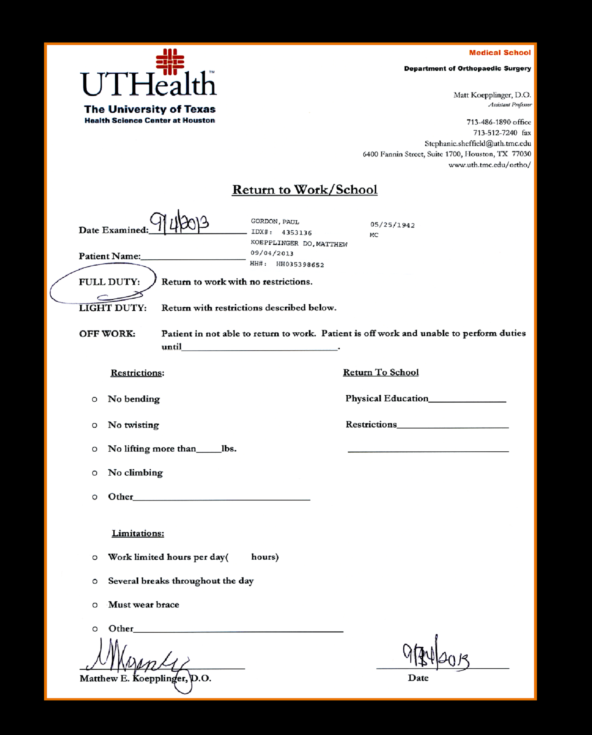 Hospital Note, Work Excuse, Template, Fake, Emergency, Medical Free