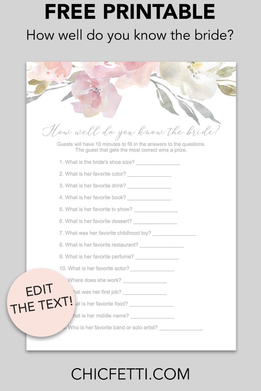 How Well Do You Know The Bride Printable Game (Blush Floral - Free Printable Bridal Shower Games What&amp;#039;s In Your Purse
