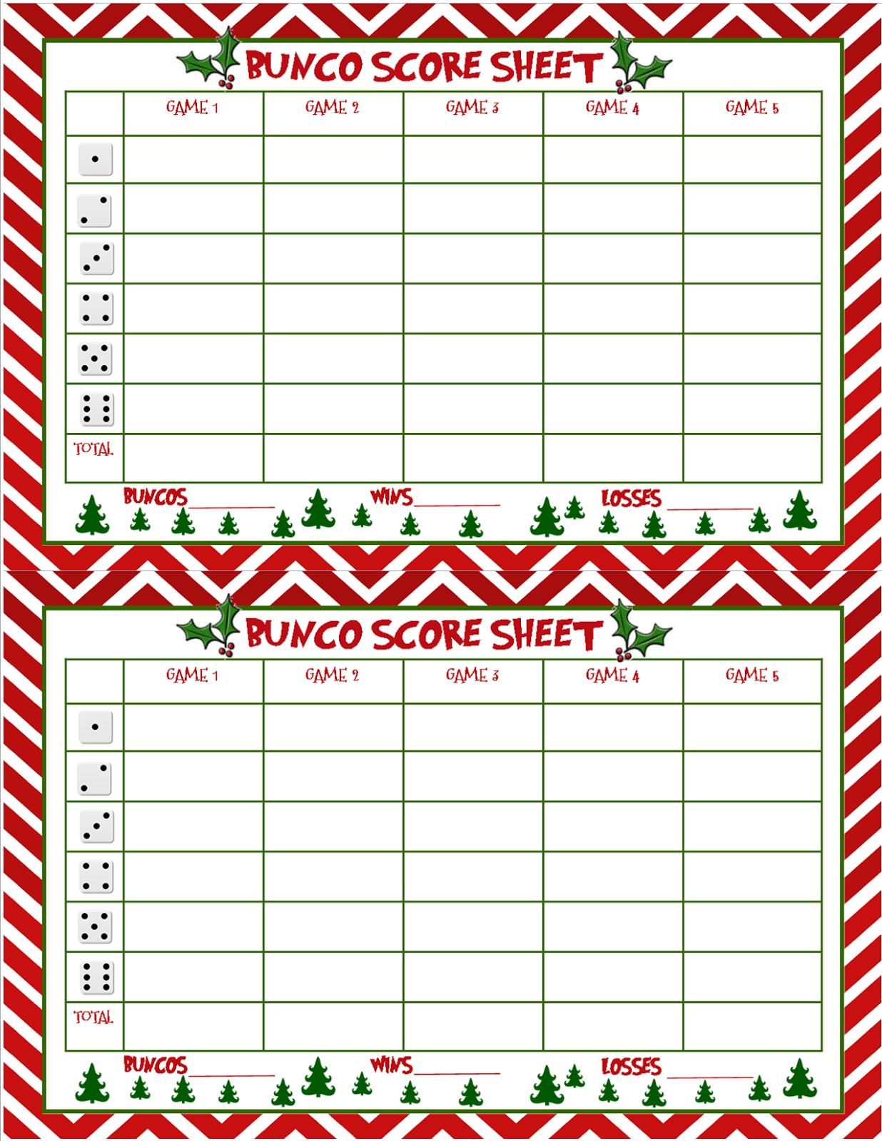 Printable Christmas Bunco Score Sheets