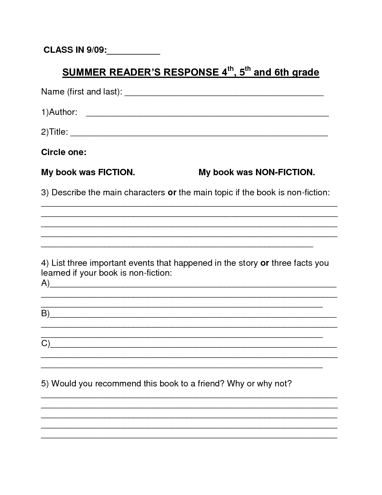 Image Result For Book Report Summer Reading Form 6Th Grade | Middle - Free Printable Story Books For Grade 1