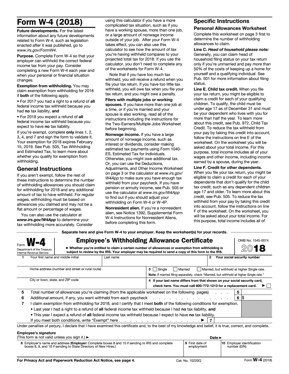 Irs W-4 Federal Tax Form 2018 - 2019 - Printable &amp;amp; Fillable Online - Free Printable W 4 Form