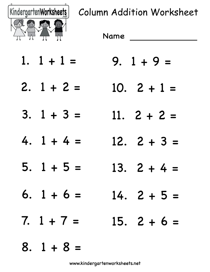 Kindergarten Column Addition Worksheet Printable | Teaching - Free Printable Math Worksheets For Kindergarten