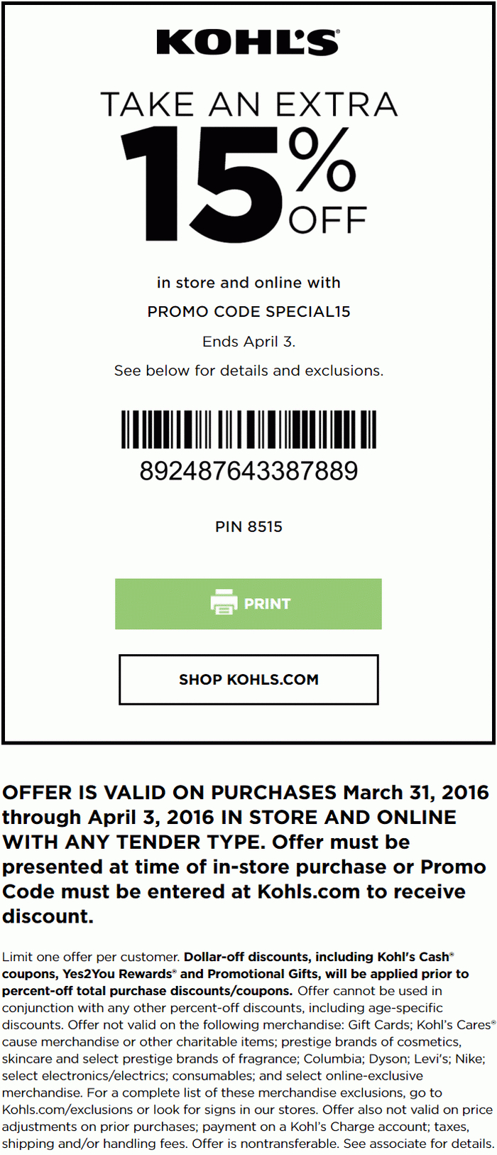 Kohl&amp;#039;s Coupon: 15% Off Your Kohl&amp;#039;s Store Purchase | Kohl&amp;#039;s Coupons - Kohls Printable Coupons Free Shipping