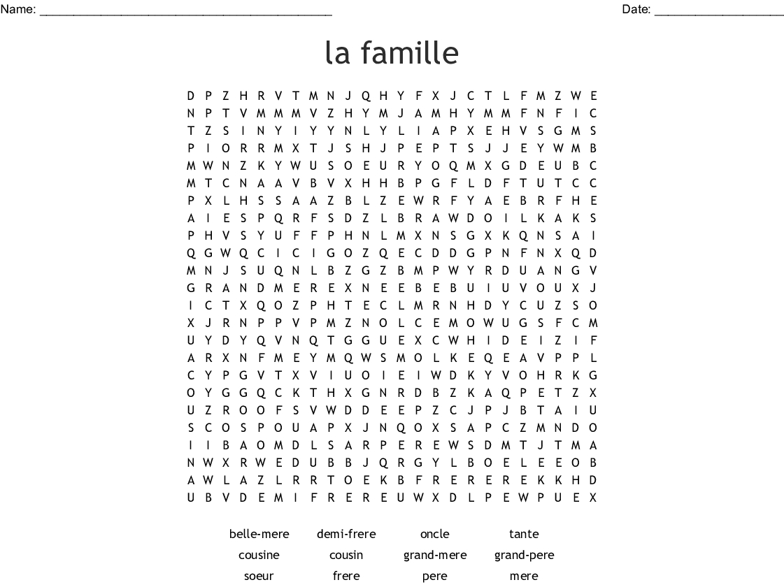 La Famille Word Search - Wordmint - French Word Searches Free Printable
