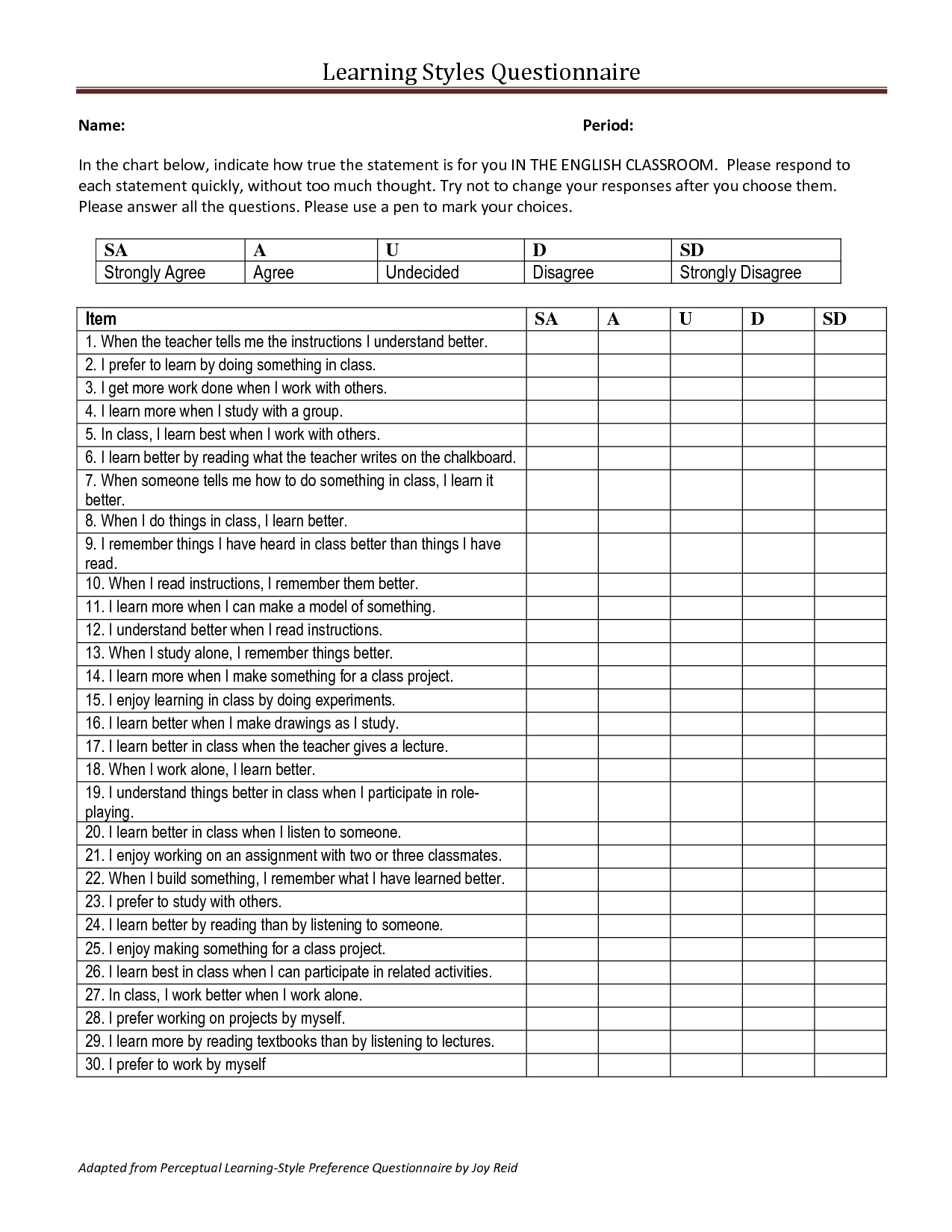 Learning Style Questionnaire | Back To School | Learning Styles - Free Printable Learning Styles Questionnaire