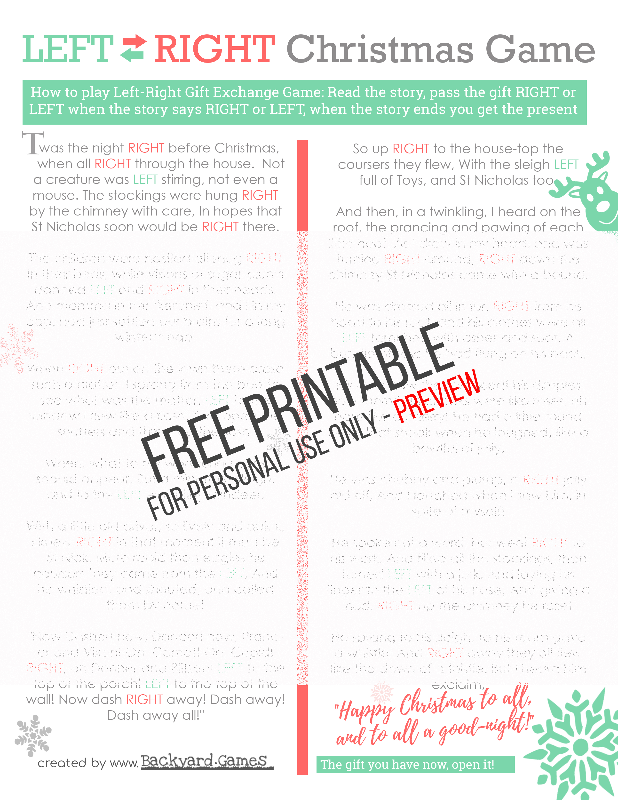 Left-Right Christmas Gift Exchange Game | Holiday Games | Gift - Free Printable Left Right Game