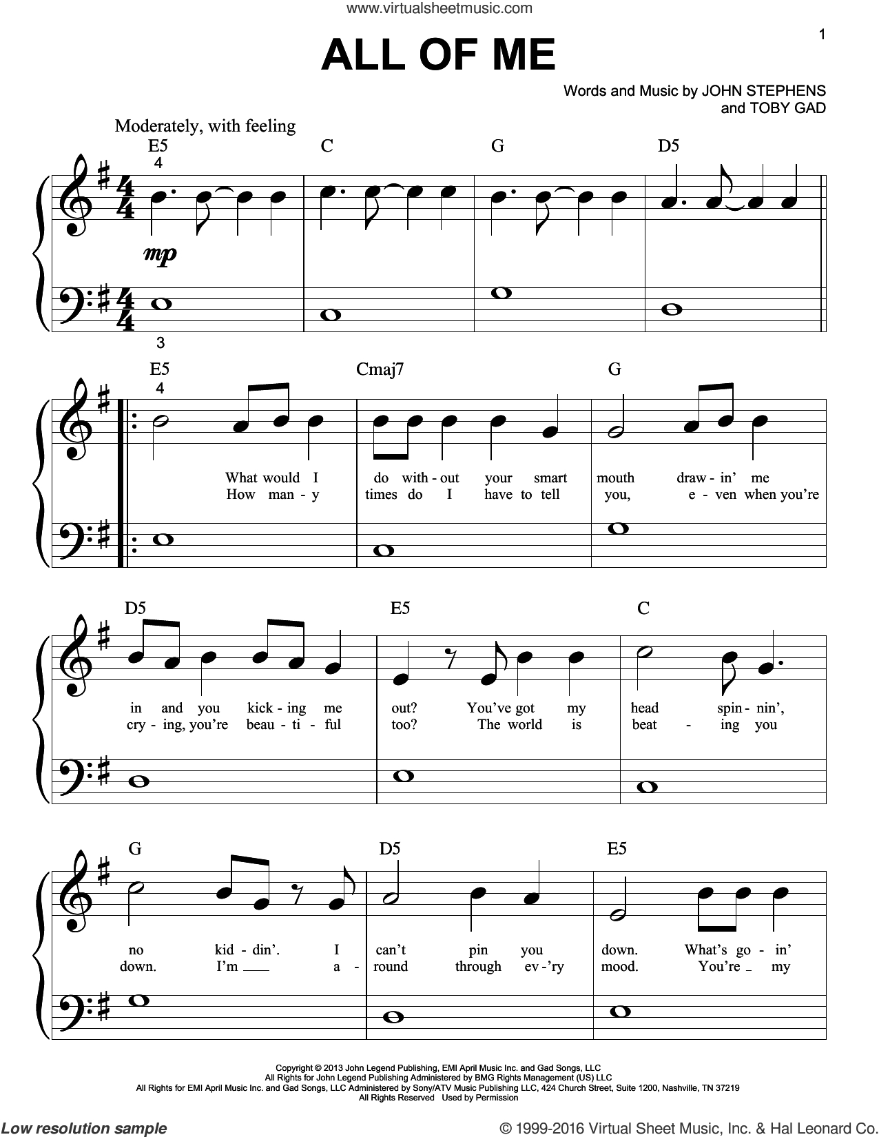 Legend - All Of Me Sheet Music For Piano Solo (Big Note Book) - All Of Me Easy Piano Sheet Music Free Printable
