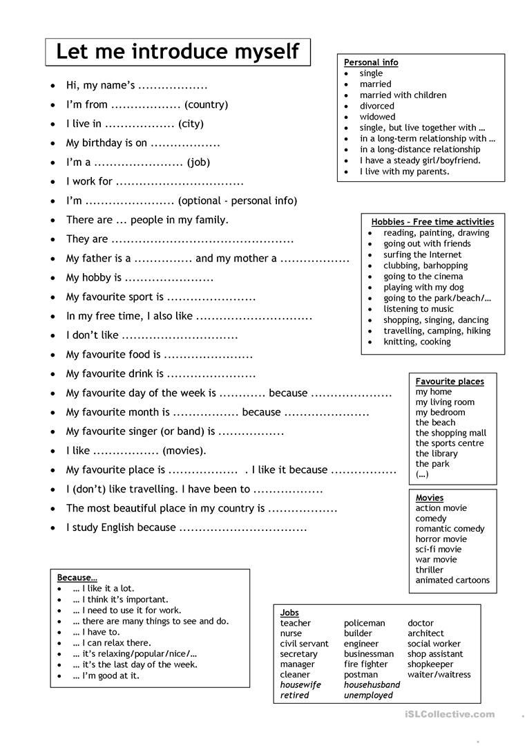 Let Me Introduce Myself (For Adults) Worksheet - Free Esl Printable - Free Esl Assessment Test Printable