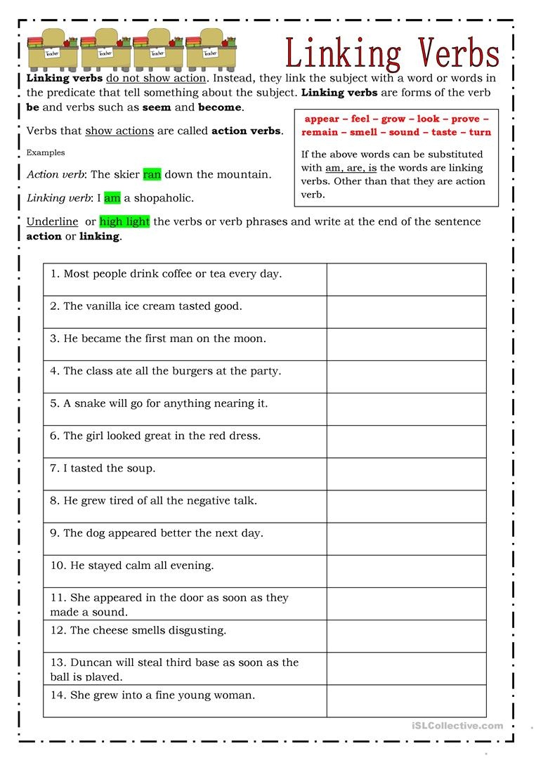 Study Action And Linking Verbs Worksheet 5Th Grade Danasrhgtop Free Printable Linking Verbs