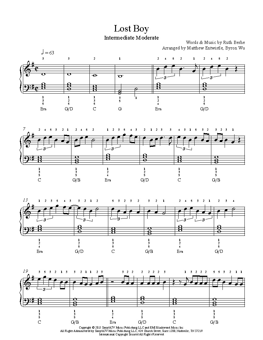 Lost Boyruth B Piano Sheet Music | Intermediate Level - Lost Boy Piano Sheet Music Free Printable