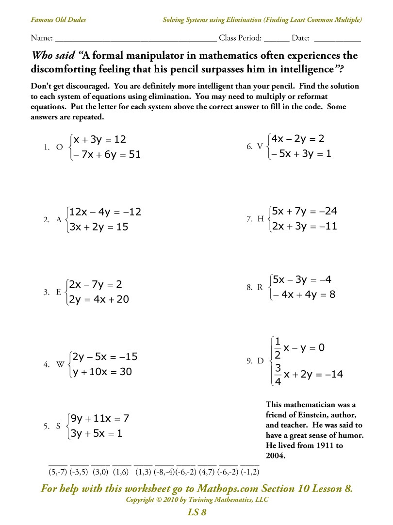 Ls 8: Solving Systems Using Elimination (Finding The Least Common - Least Common Multiple Worksheet Free Printable